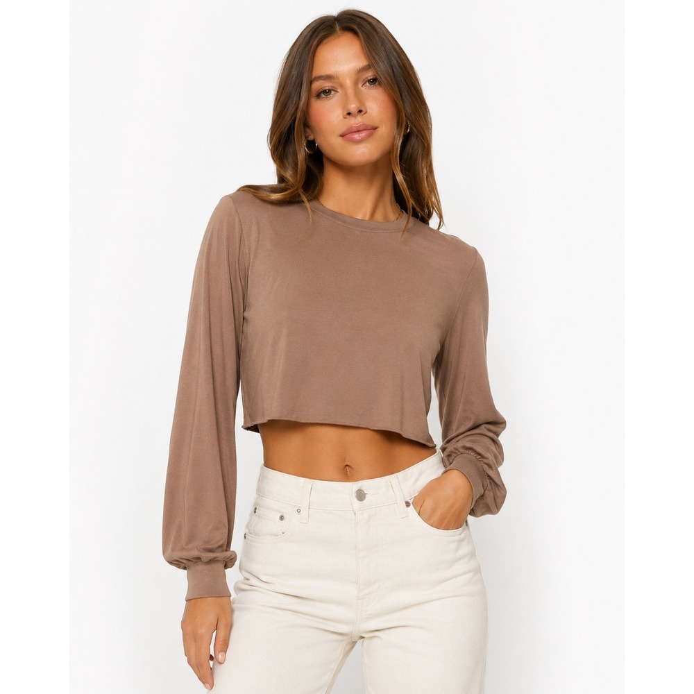 Lovers and Friends Women Taupe Brown Cropped Long Sleeve Tee Shirt Small